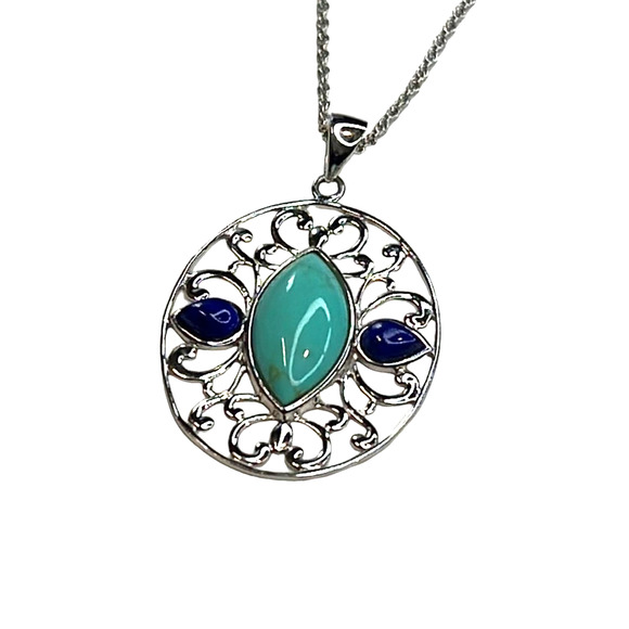 R. H. Macy Silver, Turquoise & Lapis Filigree Necklace, NWT! - Picture 3 of 6